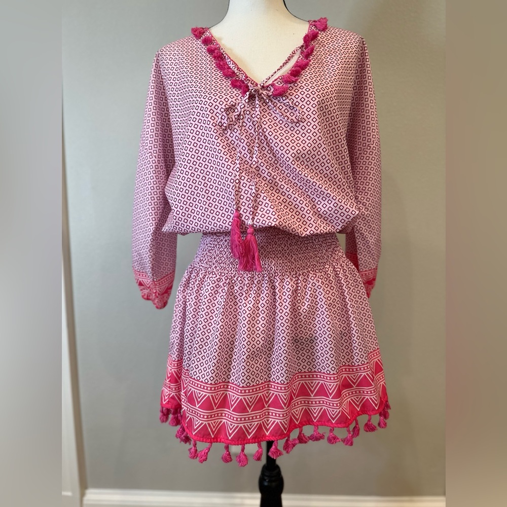 Pink geo print coverup or summer dress with tassel detail and elastic waist.